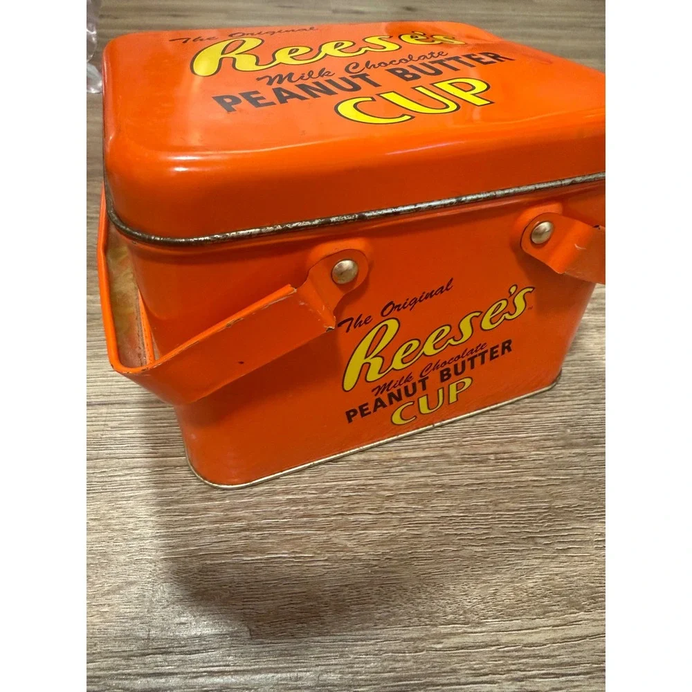 Reeses Peanut Butter Cup Collectible Metal Tin Storage Box Orange Vintage